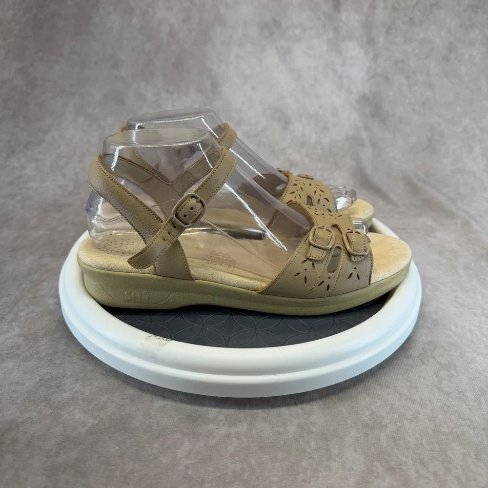 SAS Tripad Comfort Sandals Women 9.5 N Tan Leather Laser Cut Strappy Wedge